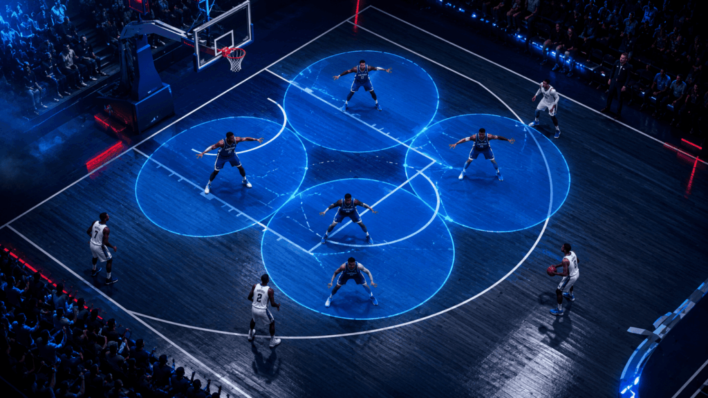 Defensa en zona en baloncesto cuando varios jugadores protegen espacios definidos